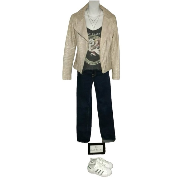 Guess Jacket Motorcycle Moto Embossed Animal Print Faux Leather Tan alt Grunge S - Picture 9 of 13